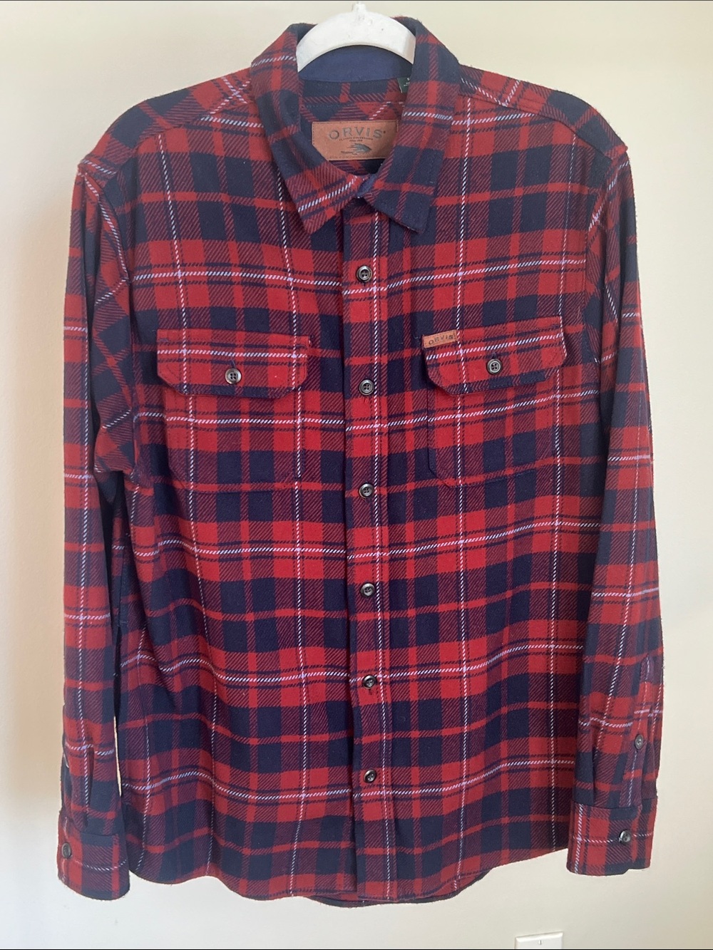 Orvis Red and Navy Plaid Flannel Button-Down Shirt Jacket